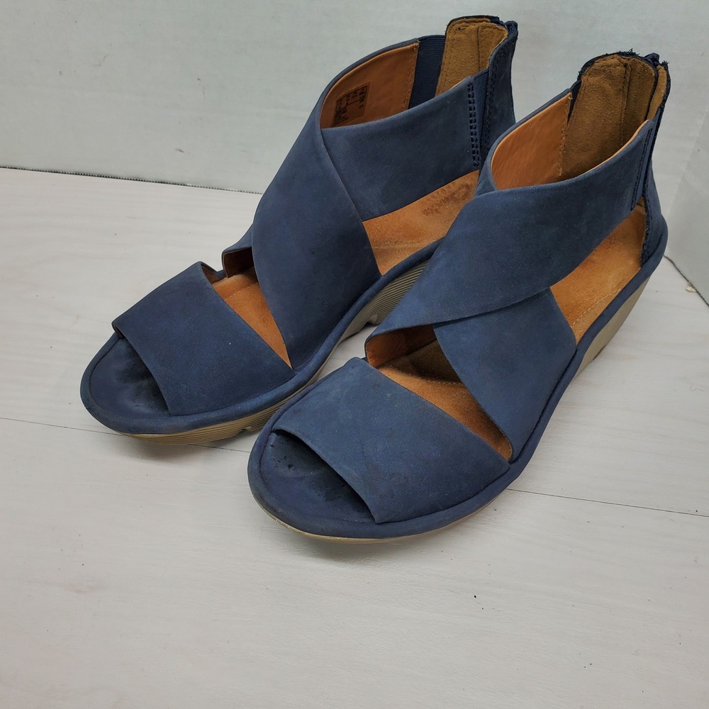 Clarks Artisan Navy Blue Suede Wedge Heel Zipper Sandals Women‎ US 10 EU 41.5